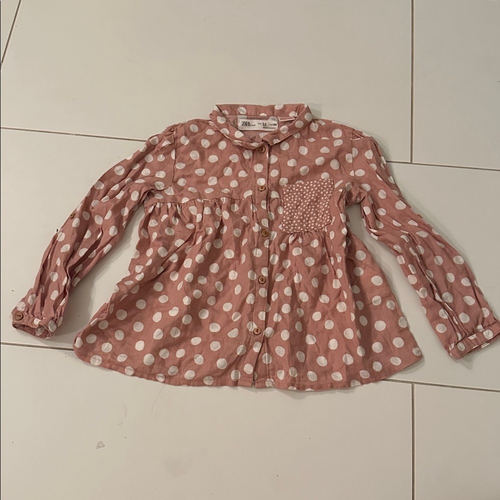 Zara Polka Dot Kids button down Shirt long sleeve - Pink 3/4Y